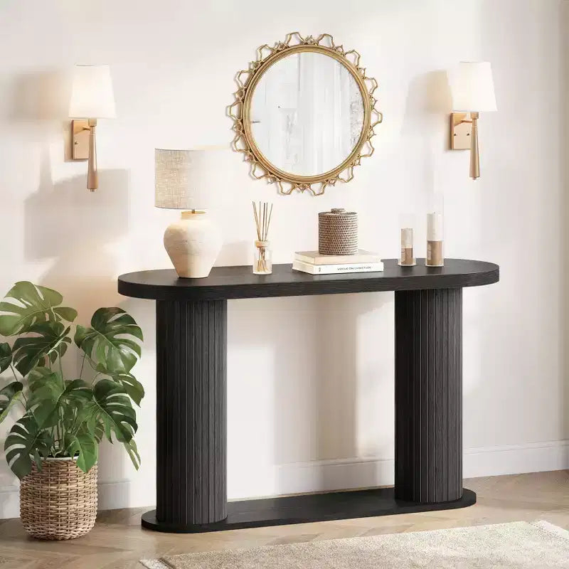 Modern Oval Fluted Entryway Table 42.5, Narrow Sofa Table with Storage Shelf for Living Room & Behind Couch