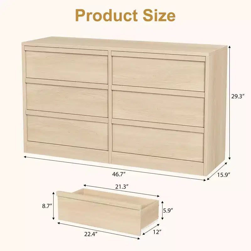 Comò a 6 cassetti largo 47" per camera da letto, cassettiera in legno con grande capacità, mobile organizer per armadio e soggiorno