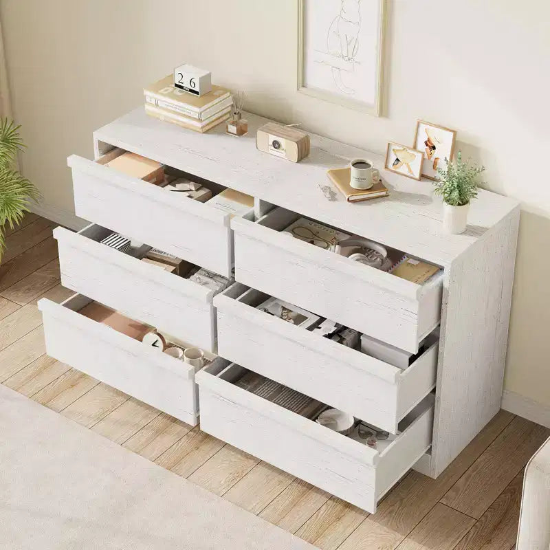 Comò a 6 cassetti largo 47" per camera da letto, cassettiera in legno con grande capacità, mobile organizer per armadio e soggiorno