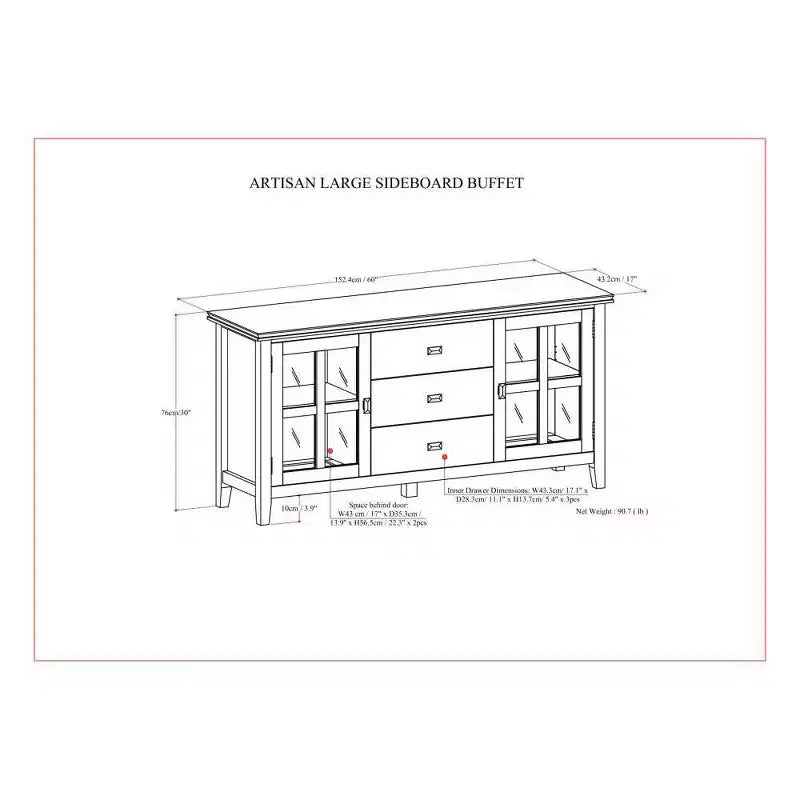 Credenza buffet in multistrato di pino con ante in vetro 60'' x 30''