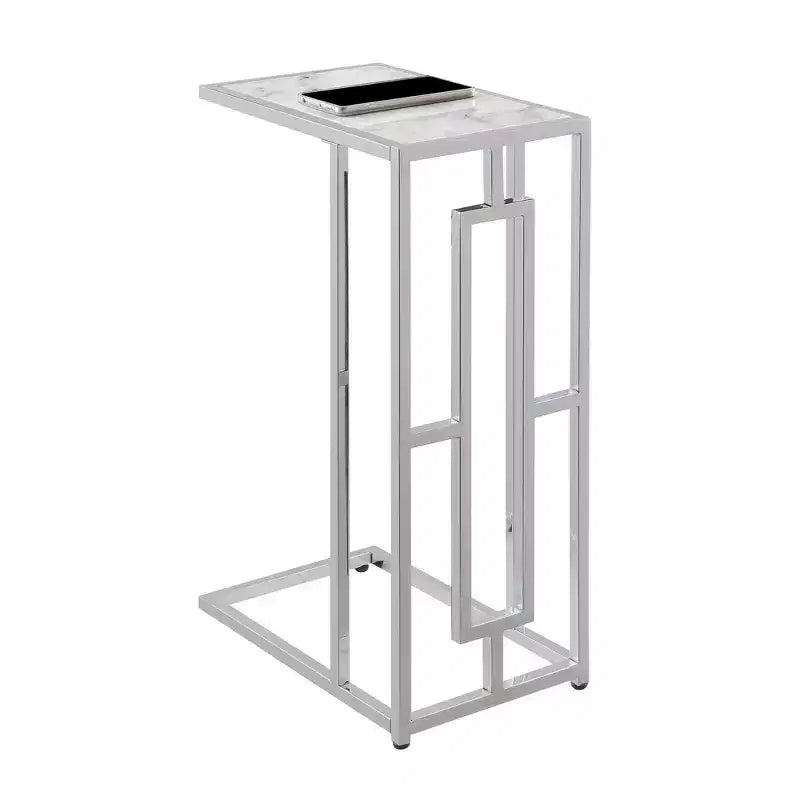 Tavolino laterale a C in metallo cromato e finto marmo 40 x 61 cm