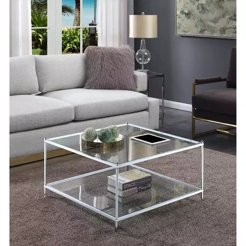 Tavolino da caffè quadrato a 2 ripiani in metallo cromato e vetro temperato 32'' x 17.25''