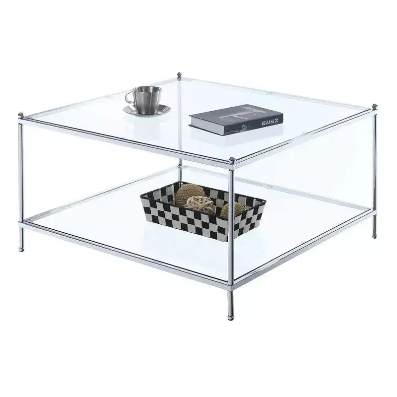 Tavolino da caffè quadrato a 2 ripiani in metallo cromato e vetro temperato 32'' x 17.25''