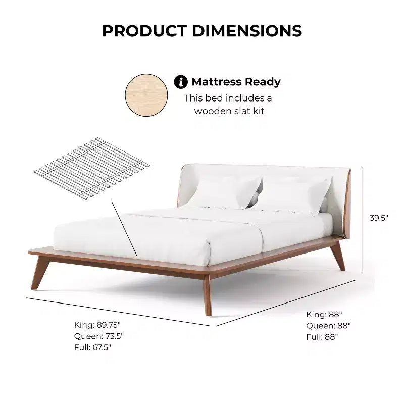Letto matrimoniale con struttura bassa e testiera ricurva in tessuto bouclé, color noce