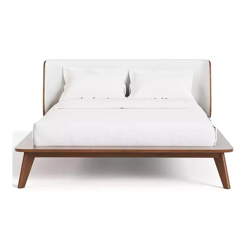 Letto matrimoniale con struttura bassa e testiera ricurva in tessuto bouclé, color noce