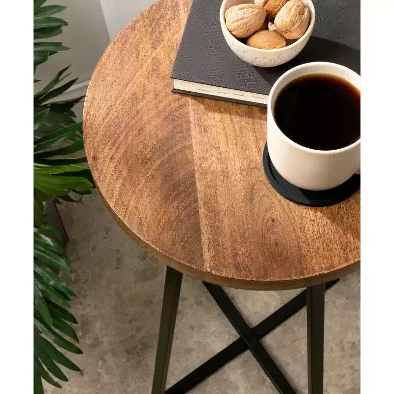 Tavolino rotondo in legno di mango con base a X, 38 x 66 cm