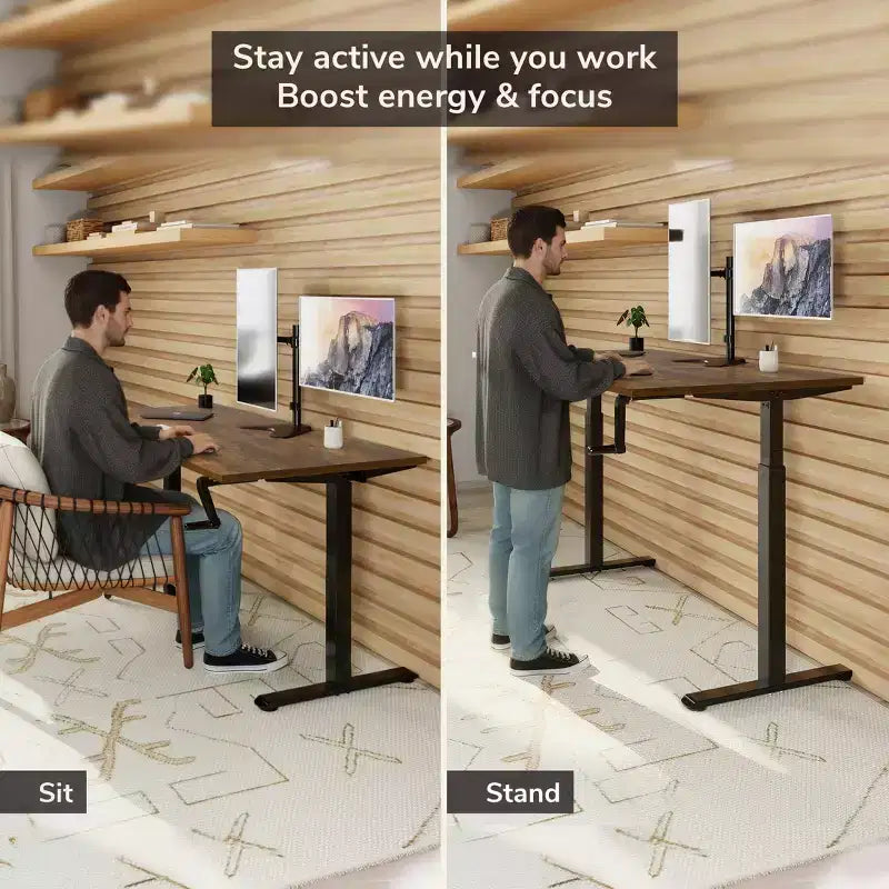 Metal MDF Hand Crank Sit-Stand Desk 55'' x 29.7-48.6''