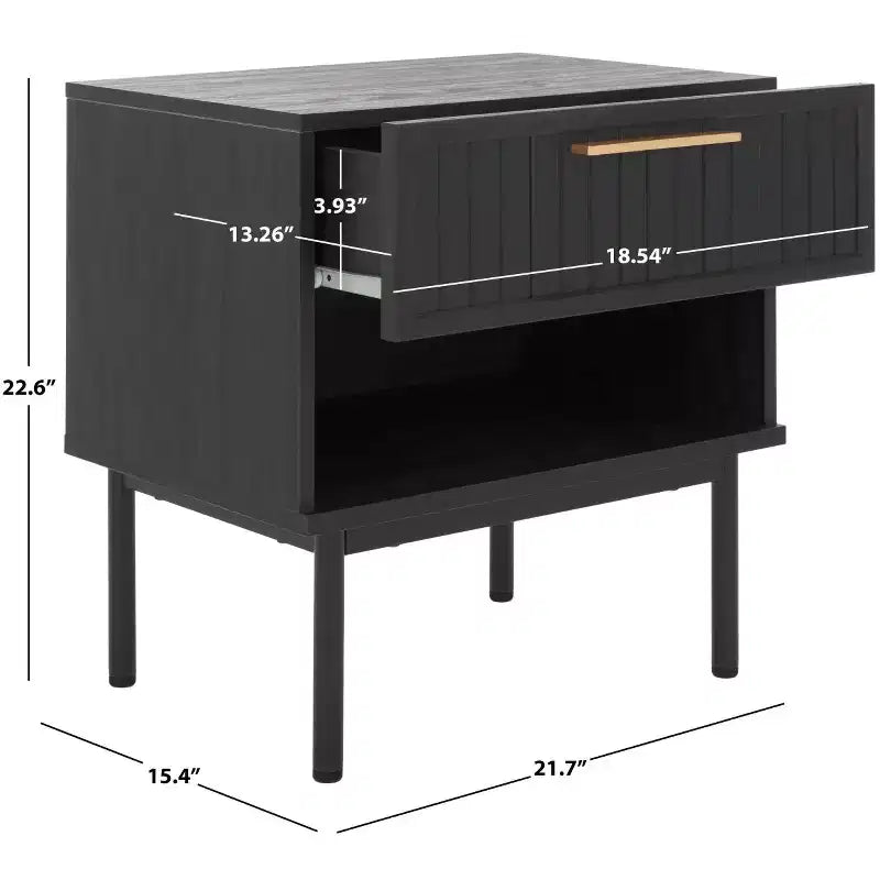 Comodino a 1 cassetto con ripiano aperto, finitura noce, gambe in metallo nero