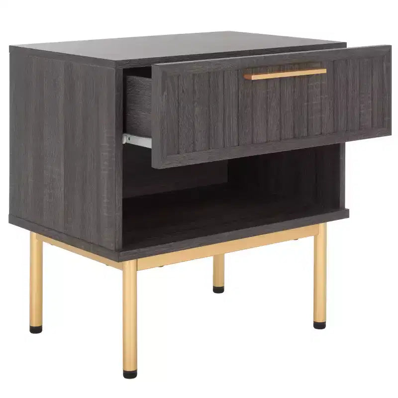 Comodino a 1 cassetto con ripiano aperto, finitura noce, gambe in metallo nero