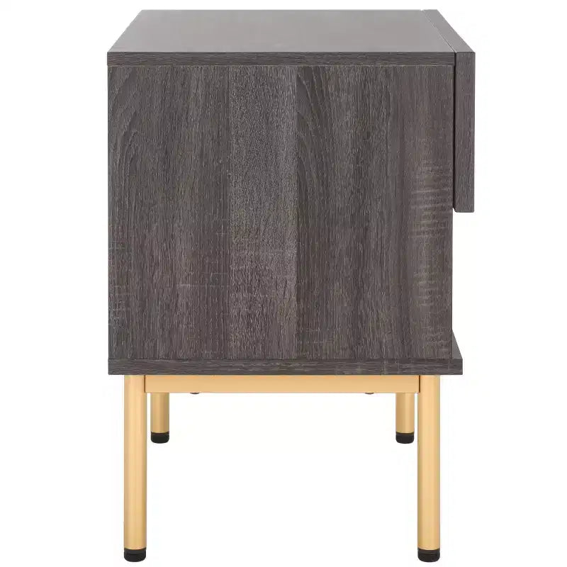 Comodino a 1 cassetto con ripiano aperto, finitura noce, gambe in metallo nero