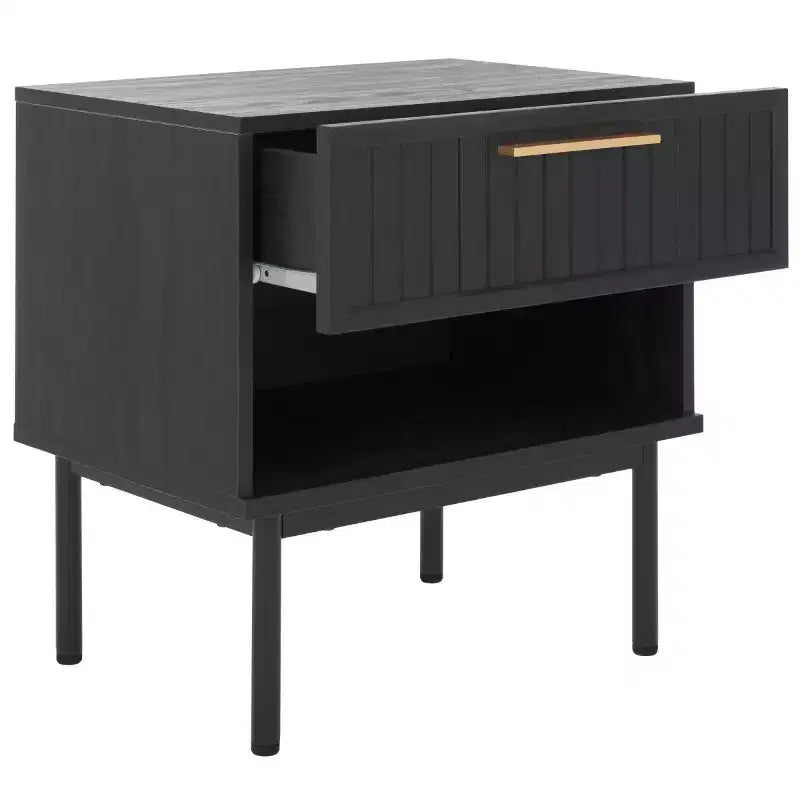 Comodino a 1 cassetto con ripiano aperto, finitura noce, gambe in metallo nero