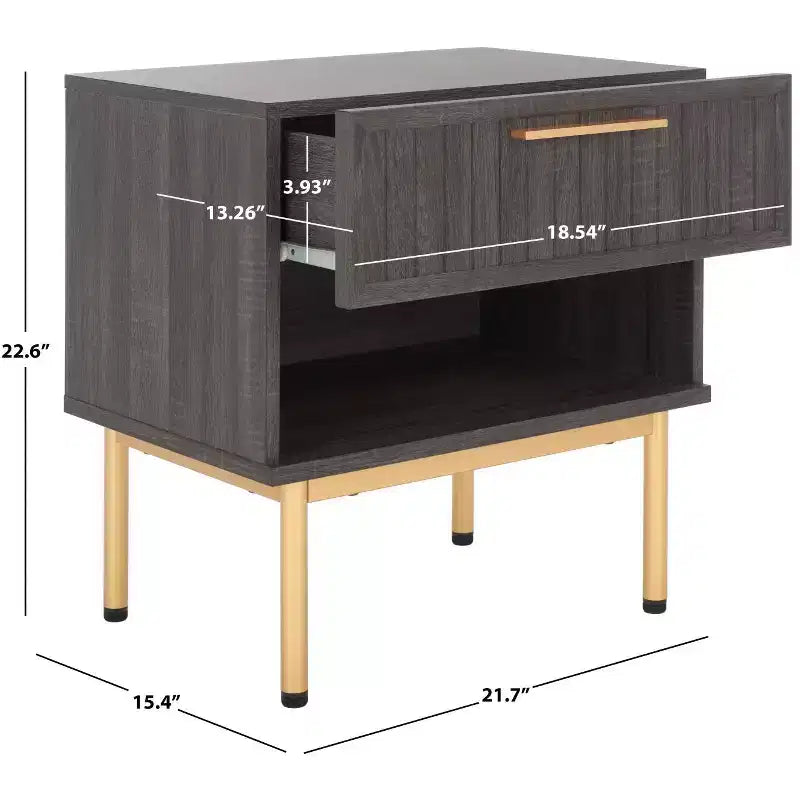 Comodino a 1 cassetto con ripiano aperto, finitura noce, gambe in metallo nero