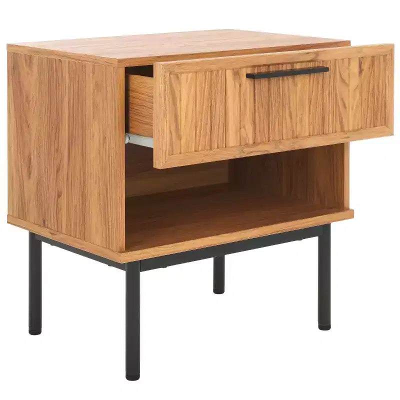 Comodino a 1 cassetto con ripiano aperto, finitura noce, gambe in metallo nero