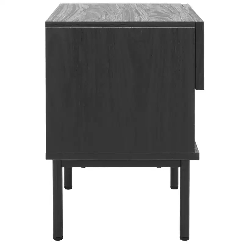 Comodino a 1 cassetto con ripiano aperto, finitura noce, gambe in metallo nero