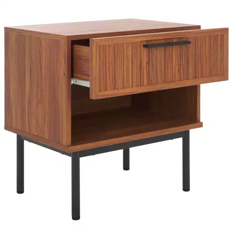 Comodino a 1 cassetto con ripiano aperto, finitura noce, gambe in metallo nero