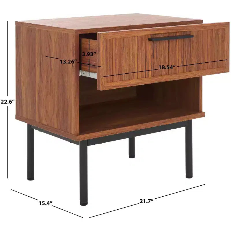 Comodino a 1 cassetto con ripiano aperto, finitura noce, gambe in metallo nero