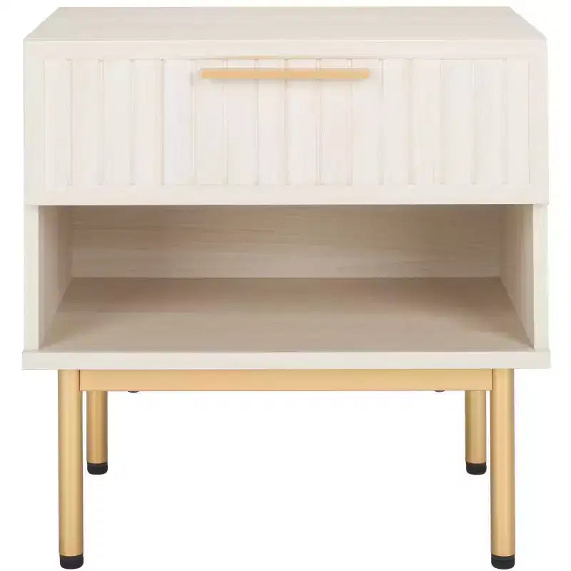 Comodino a 1 cassetto con ripiano aperto, finitura noce, gambe in metallo nero