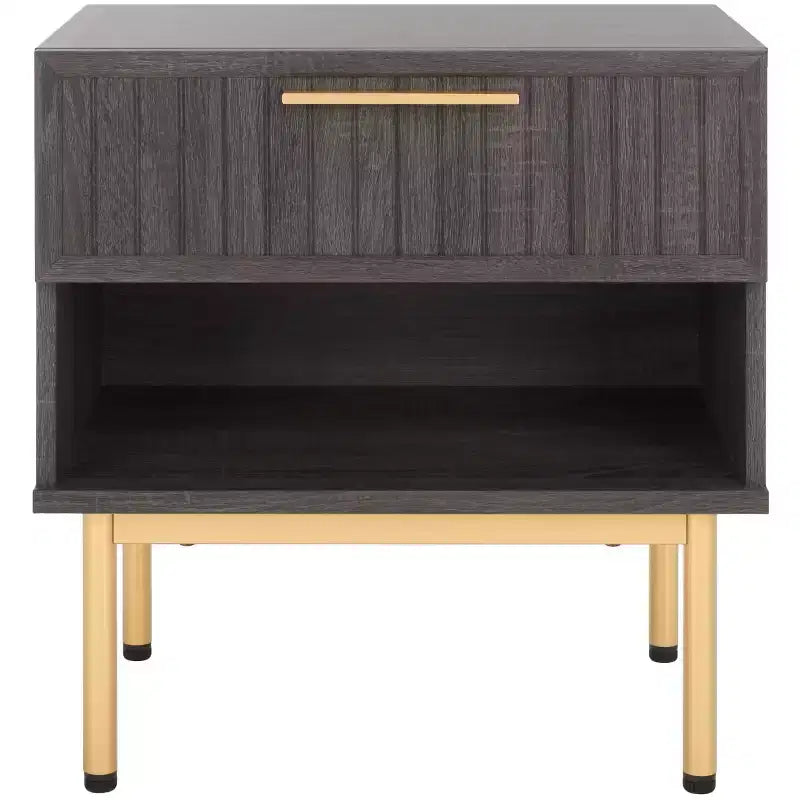 Comodino a 1 cassetto con ripiano aperto, finitura noce, gambe in metallo nero