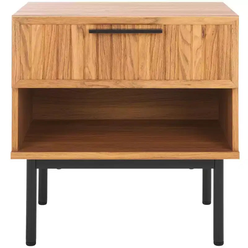 Comodino a 1 cassetto con ripiano aperto, finitura noce, gambe in metallo nero