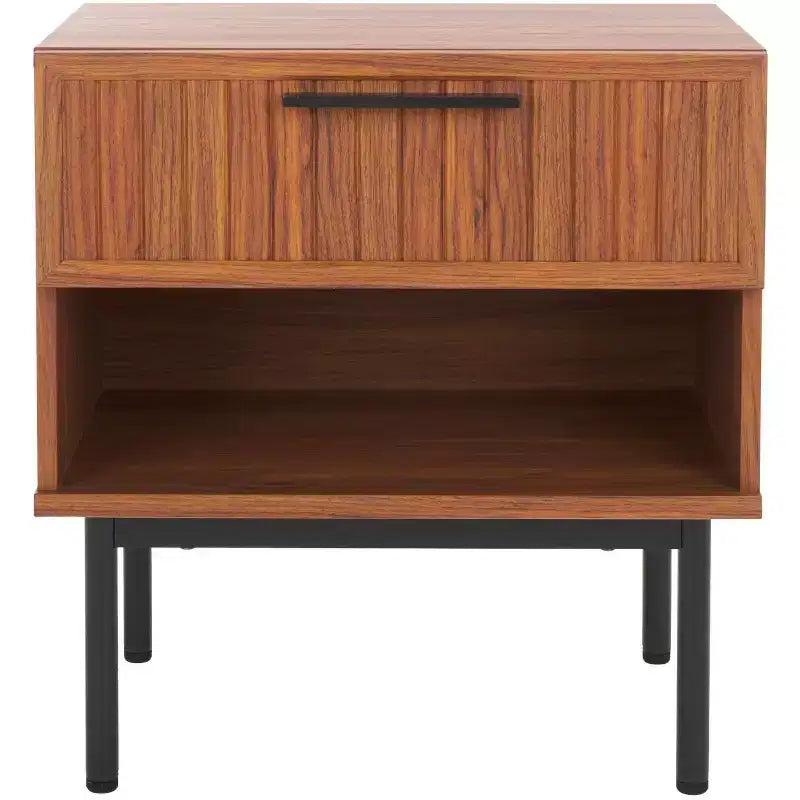 Comodino a 1 cassetto con ripiano aperto, finitura noce, gambe in metallo nero