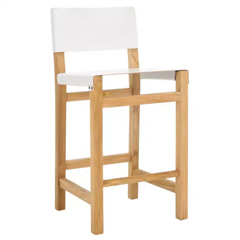Sgabello da bancone con schienale e poggiapiedi, struttura in teak e seduta in pelle, color Cognac