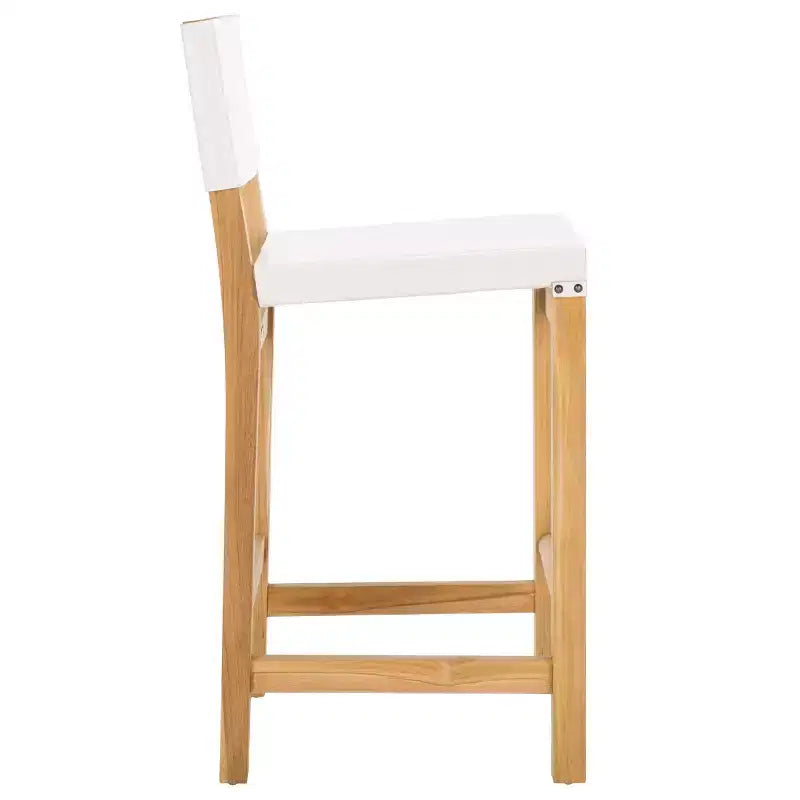 Sgabello da bancone con schienale e poggiapiedi, struttura in teak e seduta in pelle, color Cognac