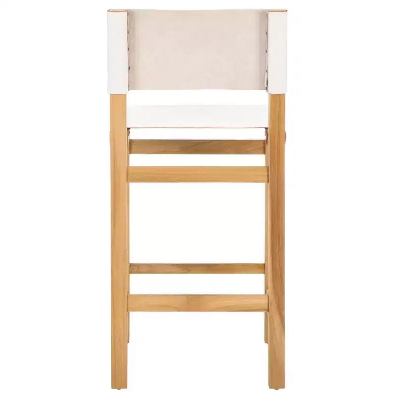 Sgabello da bancone con schienale e poggiapiedi, struttura in teak e seduta in pelle, color Cognac