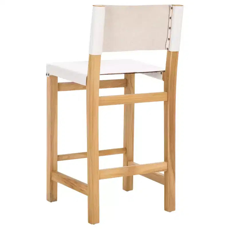 Sgabello da bancone con schienale e poggiapiedi, struttura in teak e seduta in pelle, color Cognac