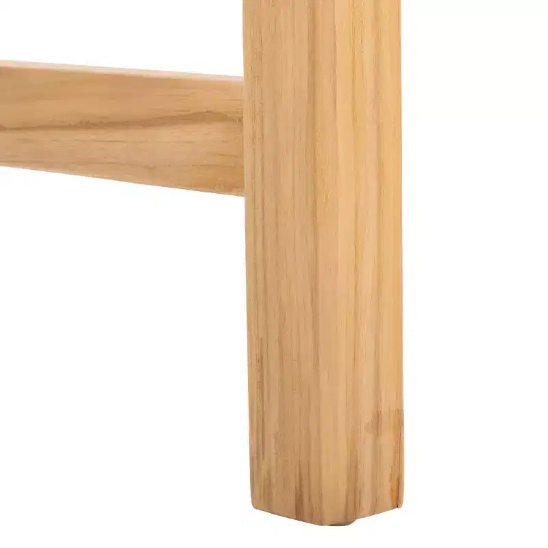 Sgabello da bancone con schienale e poggiapiedi, struttura in teak e seduta in pelle, color Cognac