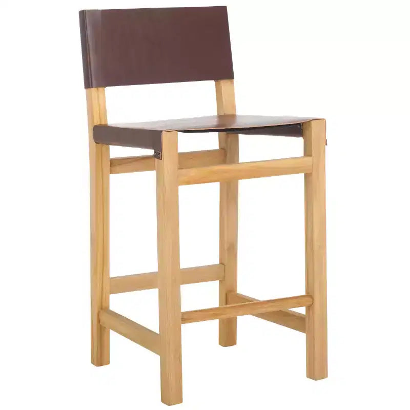 Sgabello da bancone con schienale e poggiapiedi, struttura in teak e seduta in pelle, color Cognac