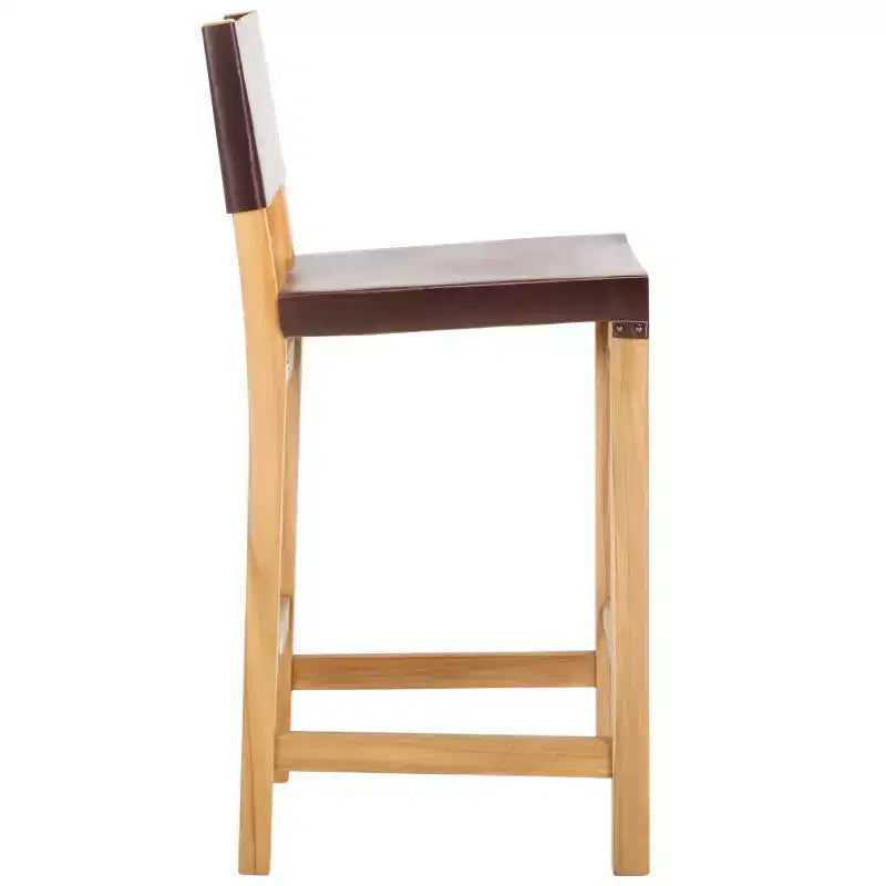 Sgabello da bancone con schienale e poggiapiedi, struttura in teak e seduta in pelle, color Cognac