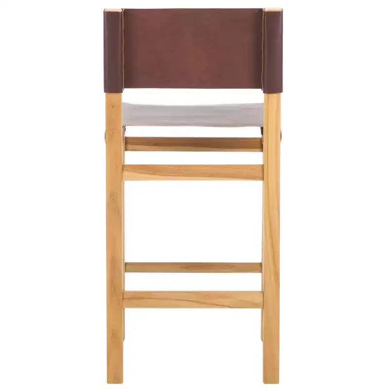 Sgabello da bancone con schienale e poggiapiedi, struttura in teak e seduta in pelle, color Cognac