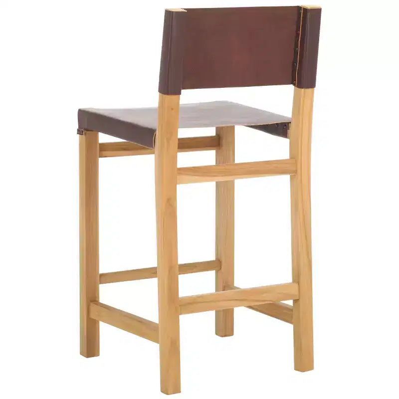 Sgabello da bancone con schienale e poggiapiedi, struttura in teak e seduta in pelle, color Cognac