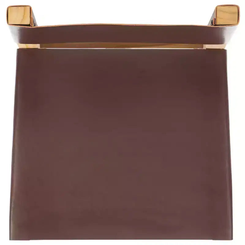 Sgabello da bancone con schienale e poggiapiedi, struttura in teak e seduta in pelle, color Cognac