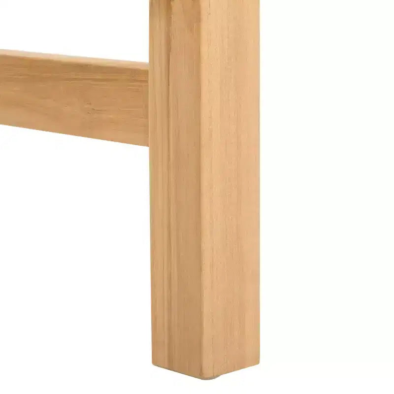 Sgabello da bancone con schienale e poggiapiedi, struttura in teak e seduta in pelle, color Cognac