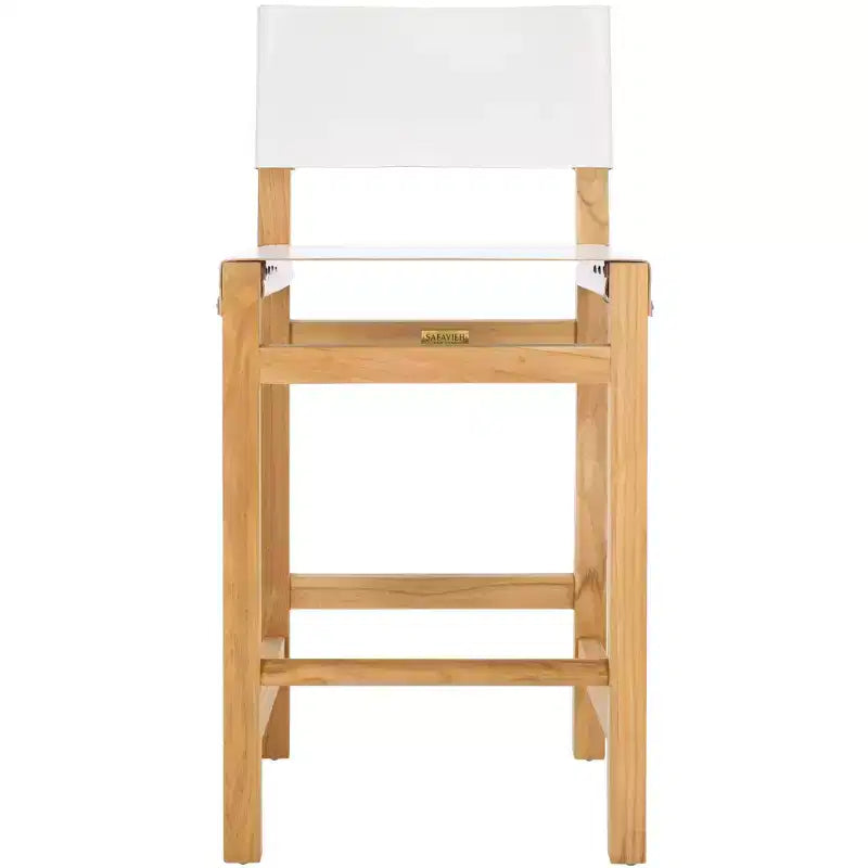 Sgabello da bancone con schienale e poggiapiedi, struttura in teak e seduta in pelle, color Cognac
