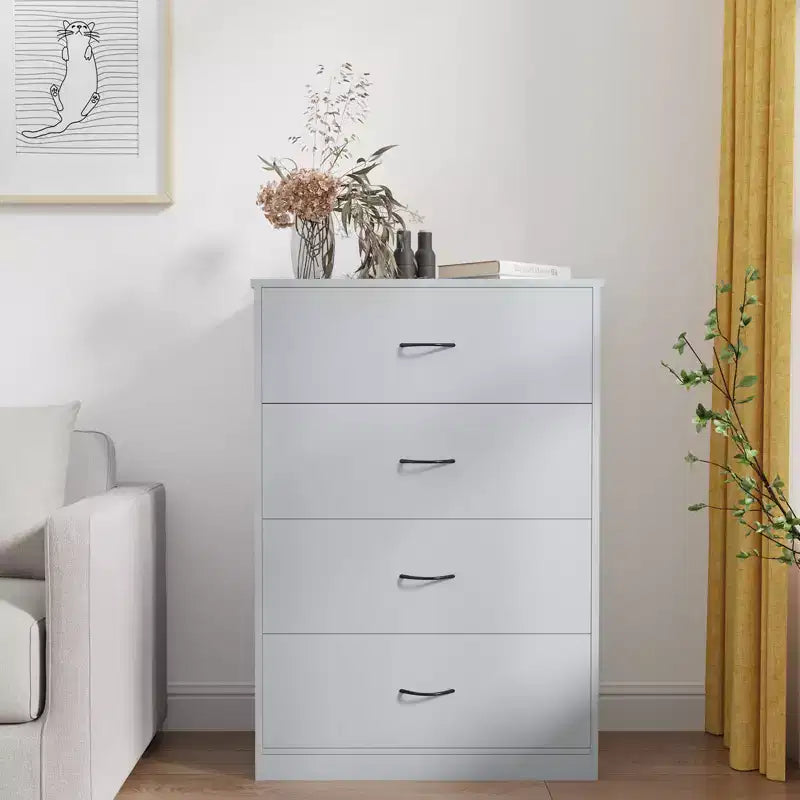 Comodino a 4 cassetti per camera da letto Cassettiera moderna con struttura in acciaio, in MDF, grigia
