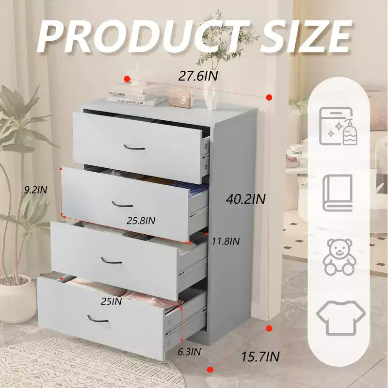 Comodino a 4 cassetti per camera da letto Cassettiera moderna con struttura in acciaio, in MDF, grigia