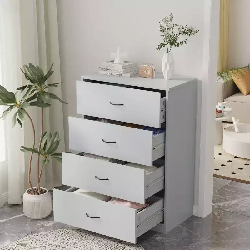Comodino a 4 cassetti per camera da letto Cassettiera moderna con struttura in acciaio, in MDF, grigia