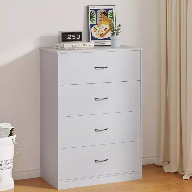 Comodino a 4 cassetti per camera da letto Cassettiera moderna con struttura in acciaio, in MDF, grigia