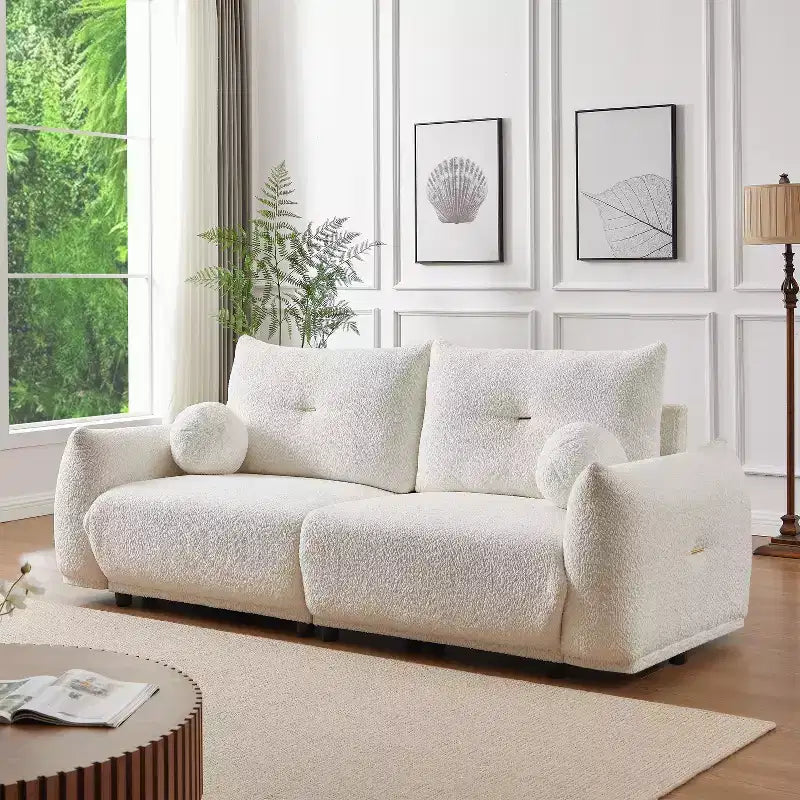 90''W Faux Lamb's Wool Loveseat Sofa, Comfortable Sofa Couch with 2 Ball Pillows 4S - ModernLuxe